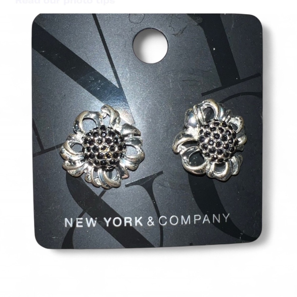New York & Company Silver and Black Floral Earrings
